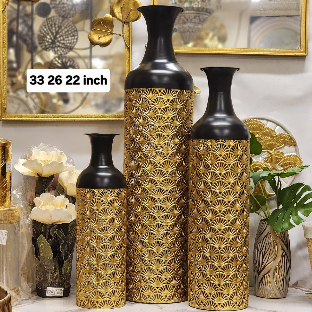 3-Piece Dual-Tone Gold and Black Decorative Metal Vases