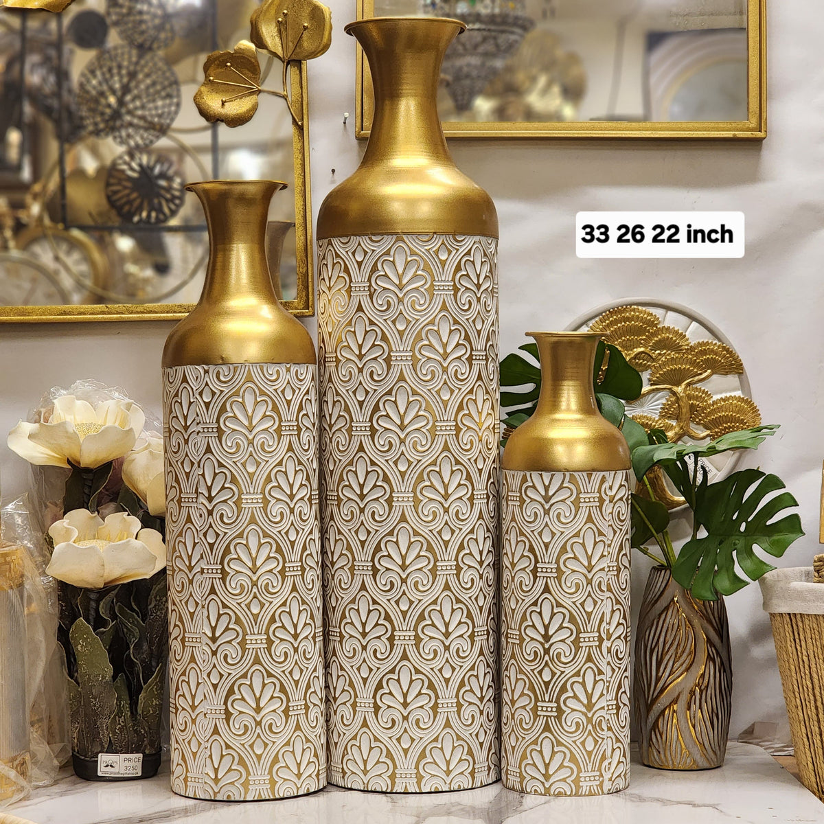 3-Piece Embossed Gold & White Metal Floor Vase Set