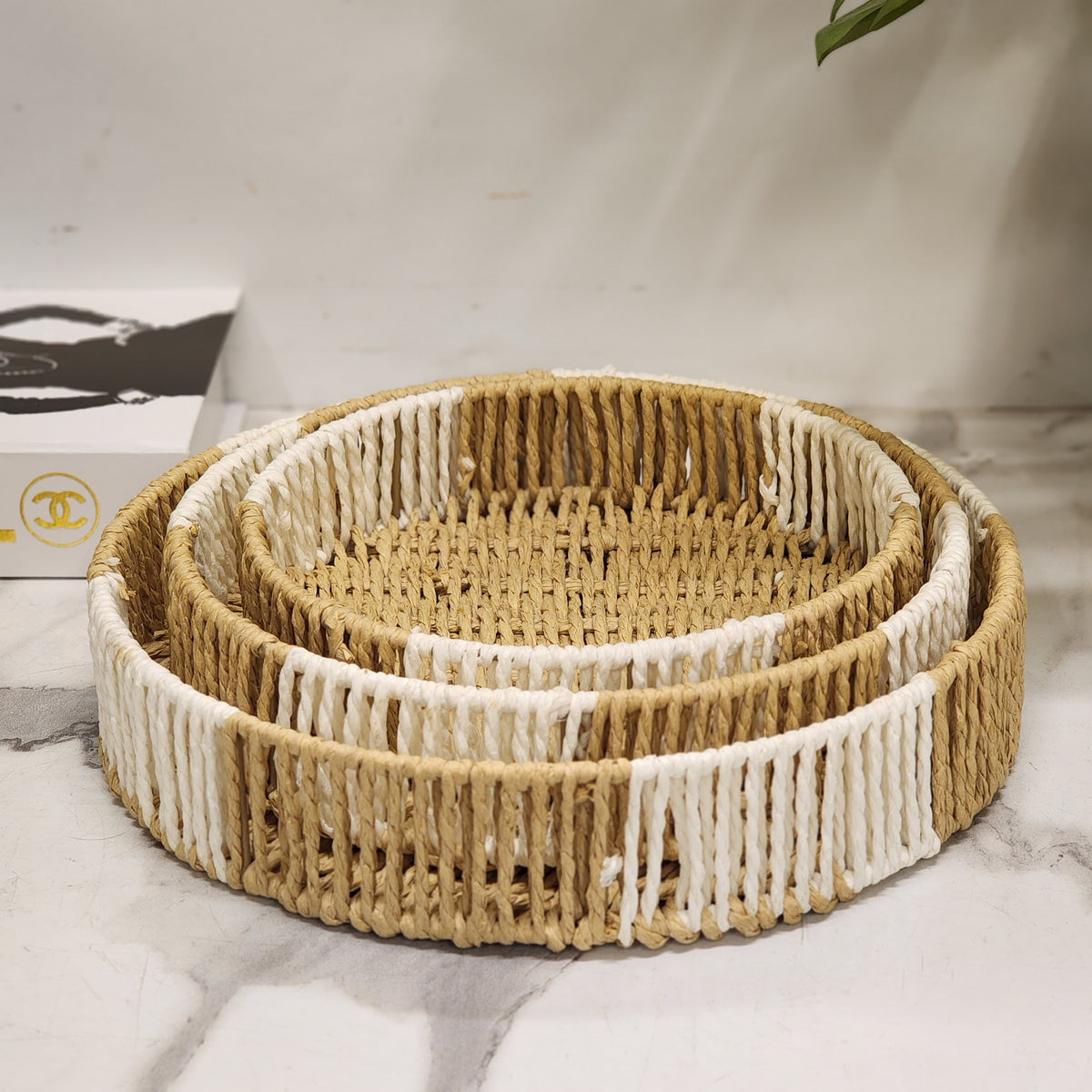 round jute and rope woven decorative tray set
