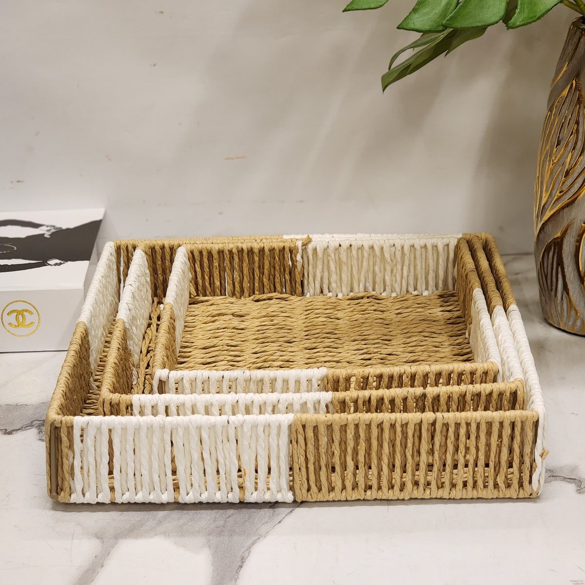 Square jute and rope woven decorative tray set