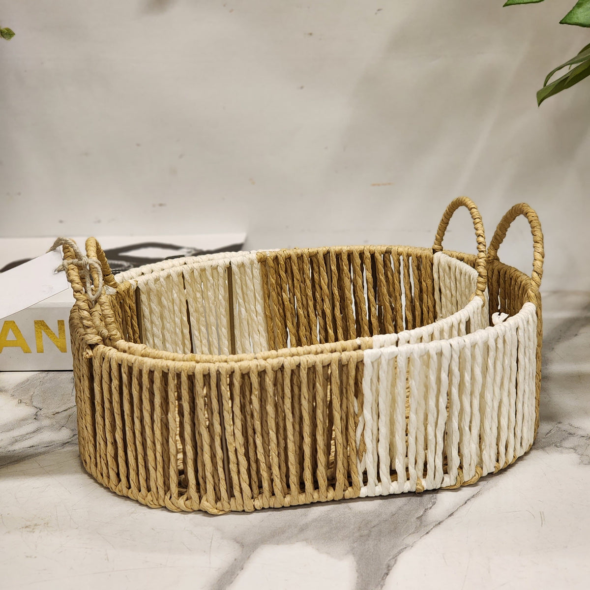Oval Two-Tone Woven Rope Storage / Serving Basket