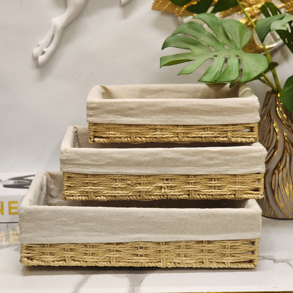 woven wicker storage baskets with removable fabric liners