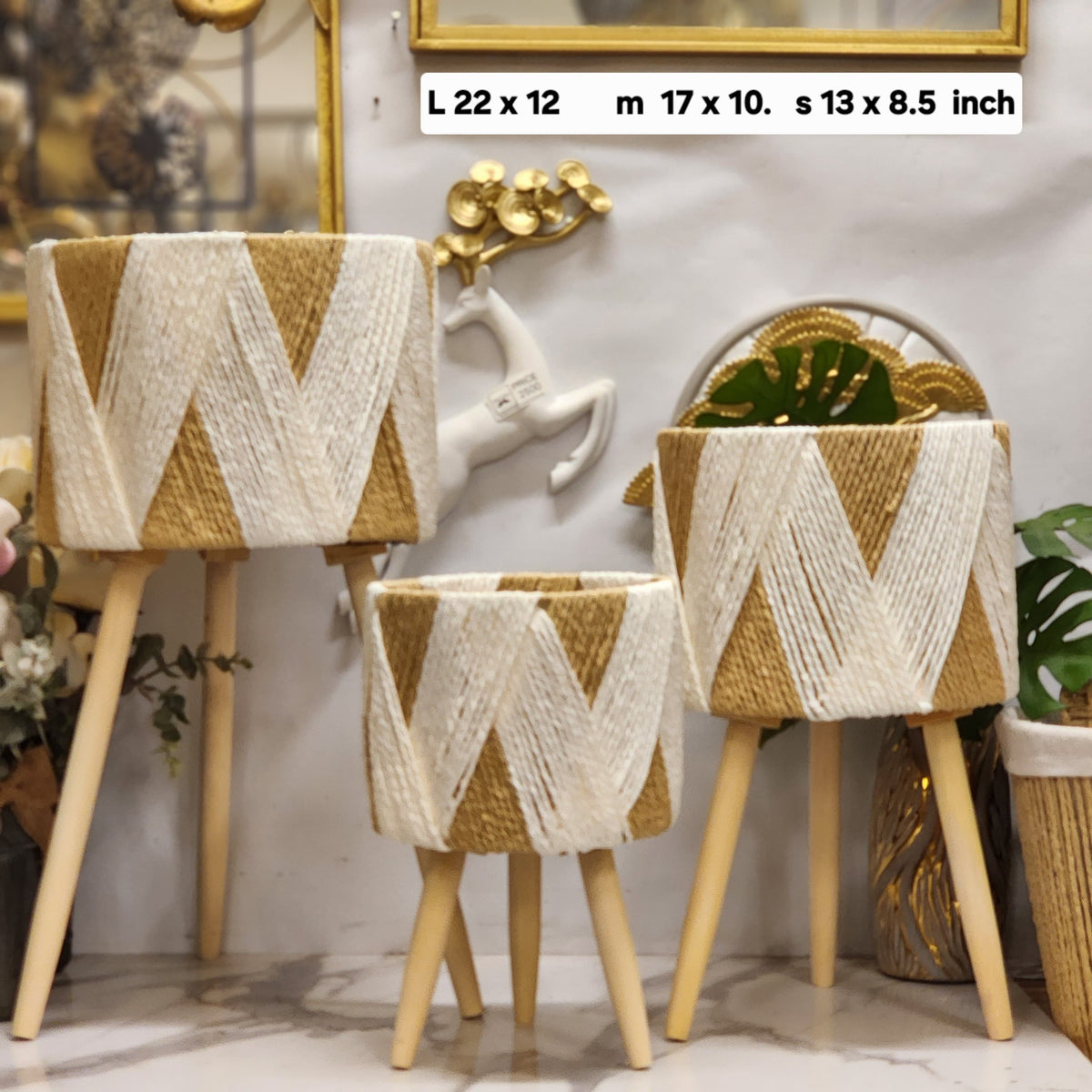 woven jute/rattan plant stand set with tripod wooden legs
