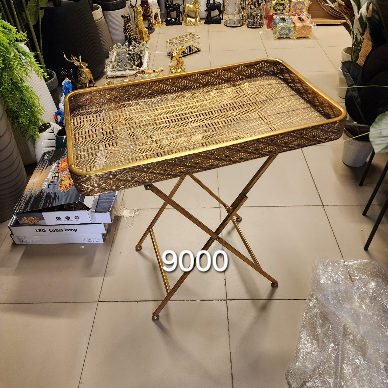 gold metal tray-top side table