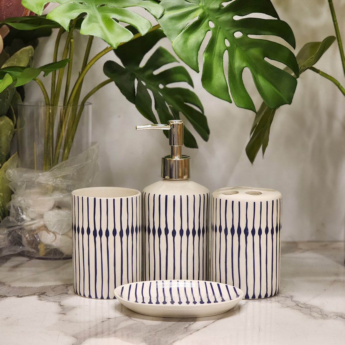 Blue Striped Ceramic Bathroom Accessory Set