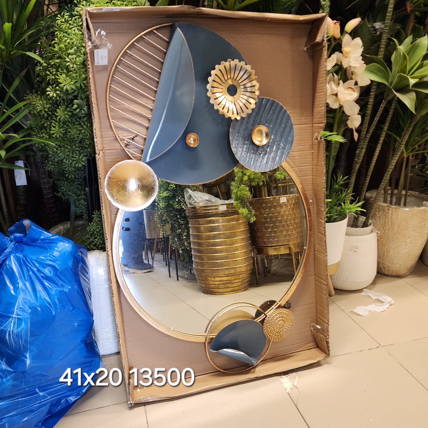 Mid-Century Modern Geometric Metal Wall Mirror with Art Decor