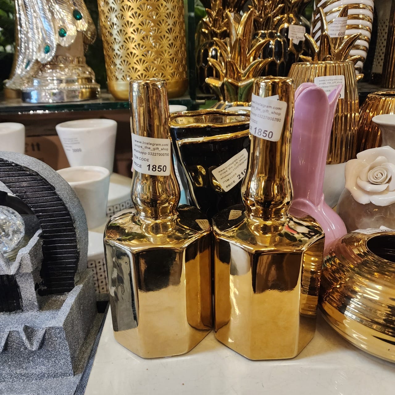 Hexagonal Gold Electroplated Ceramic Vases