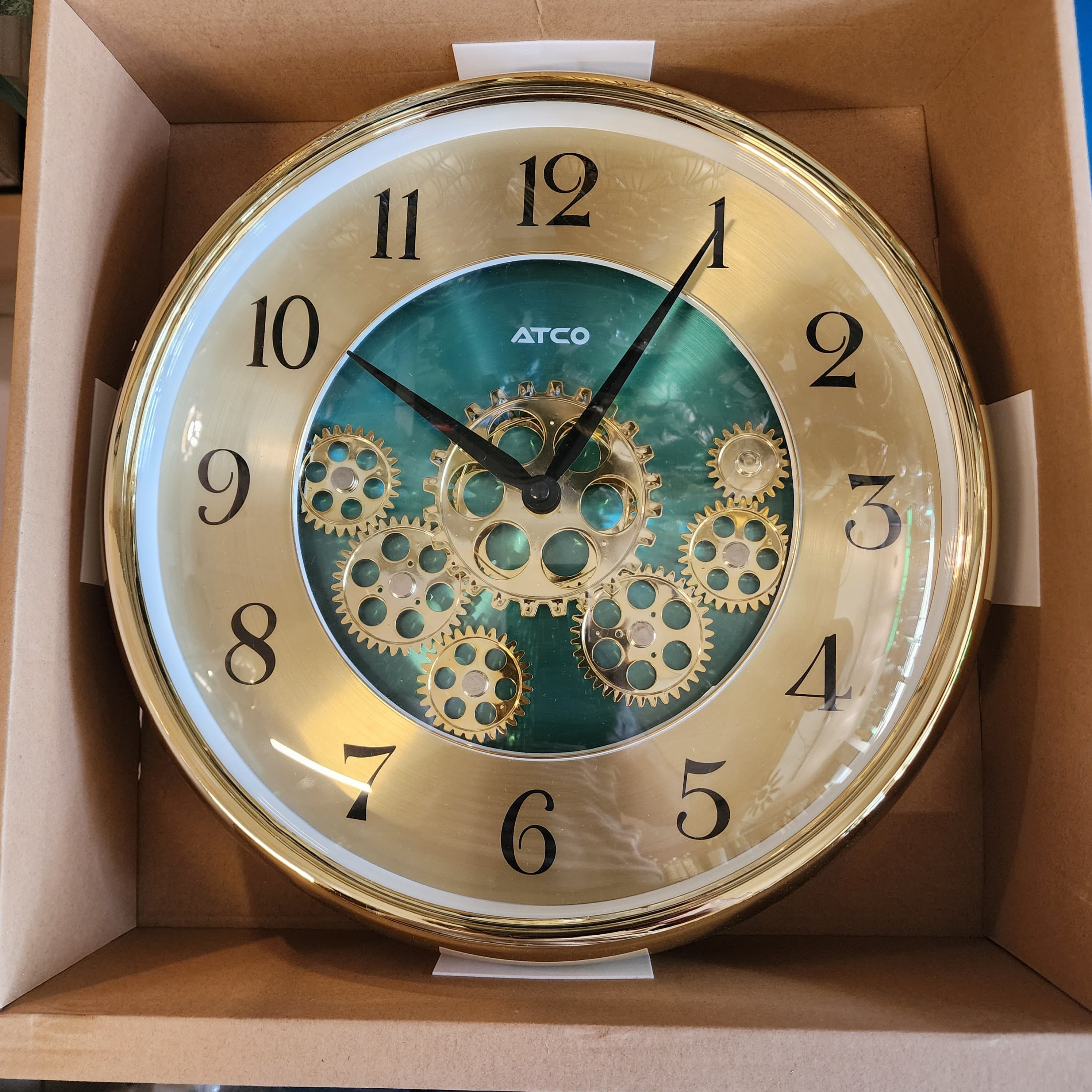 ATCO Gold Gear Wall Clock with a green dial