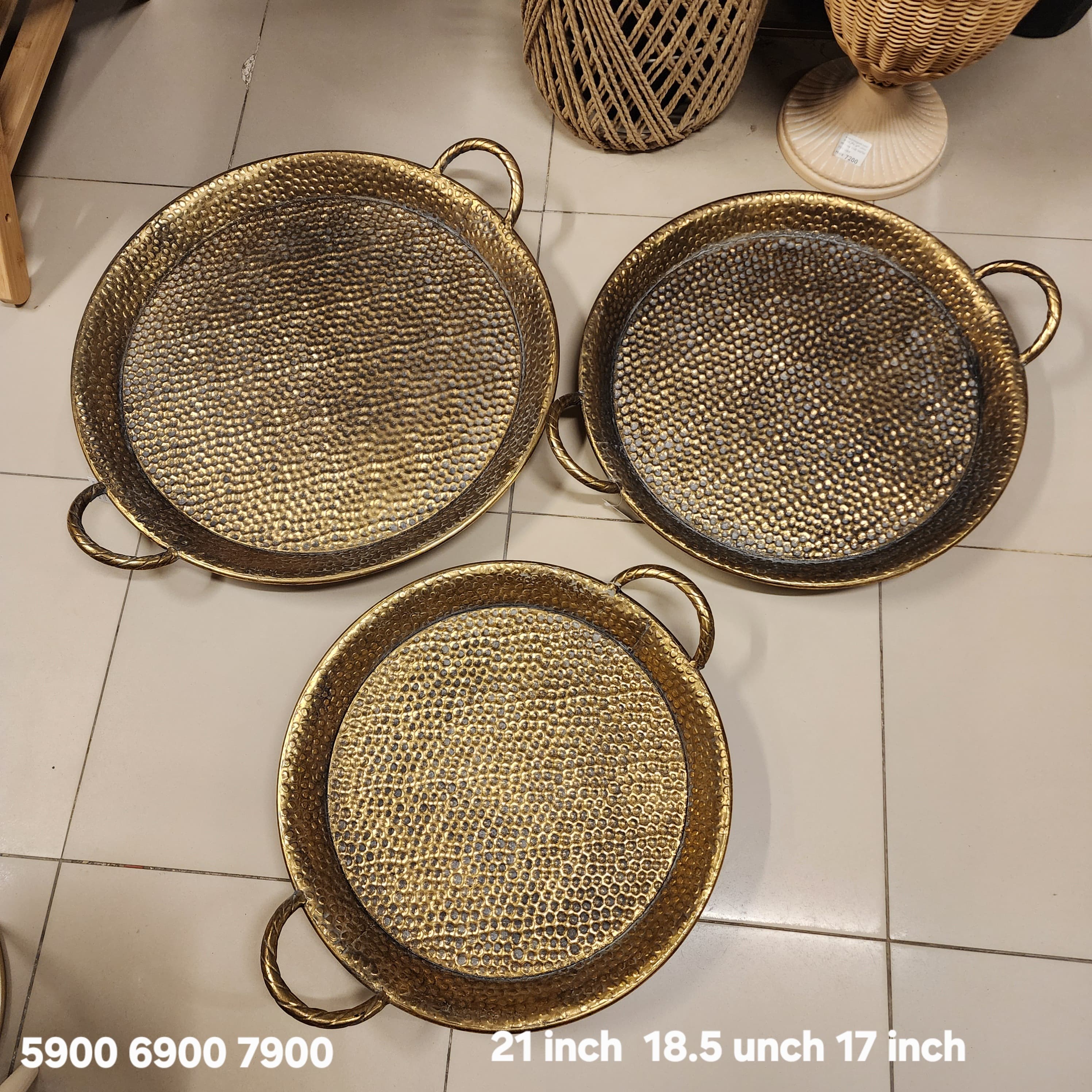 Round Hammered Antique Brass Decorative Serving Tray with Handles