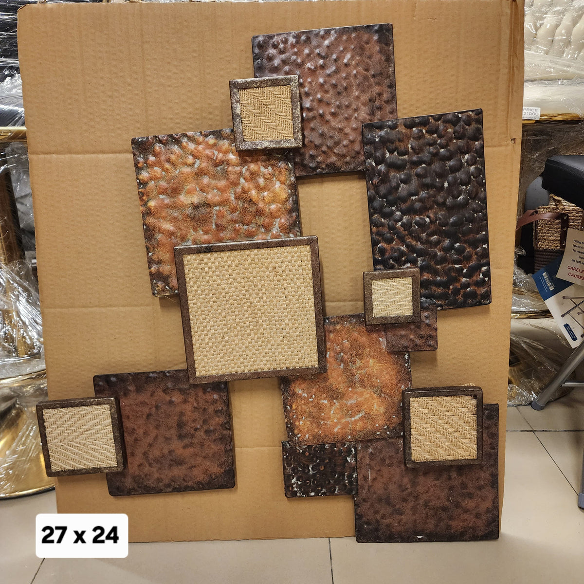 Abstract Metal and Woven Fiber Square Wall Art
