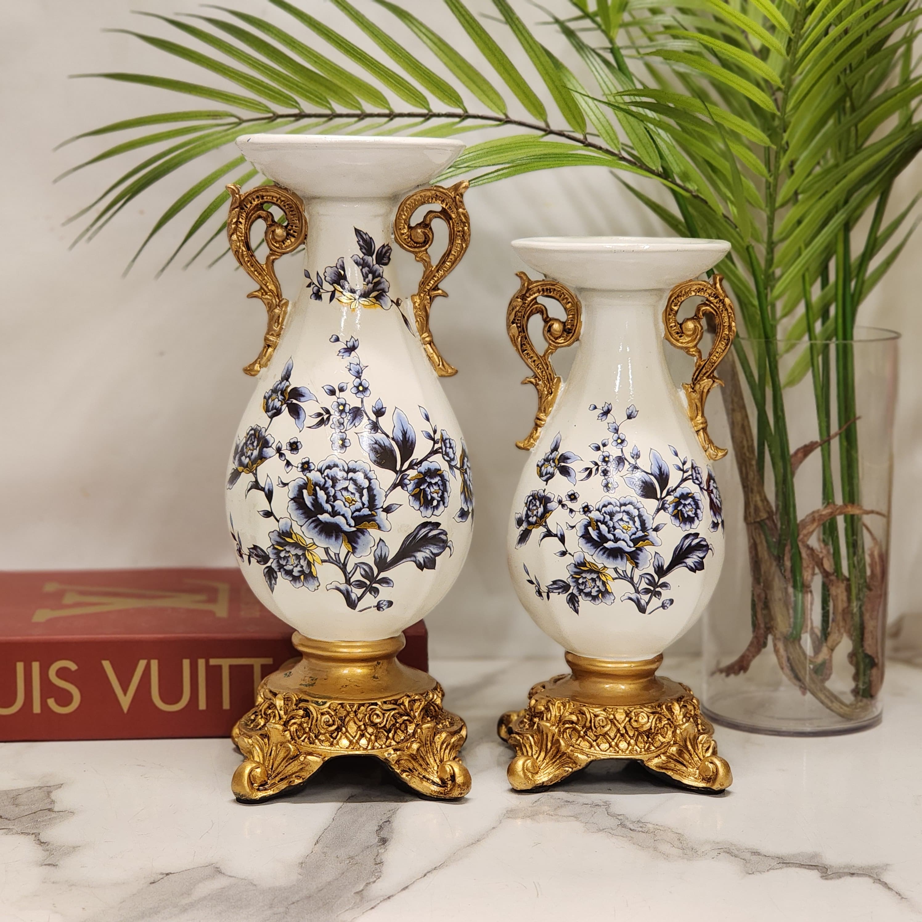 ornate vintage-style ceramic/porcelain urn vases with crackle glaze and ornate scrolled handles