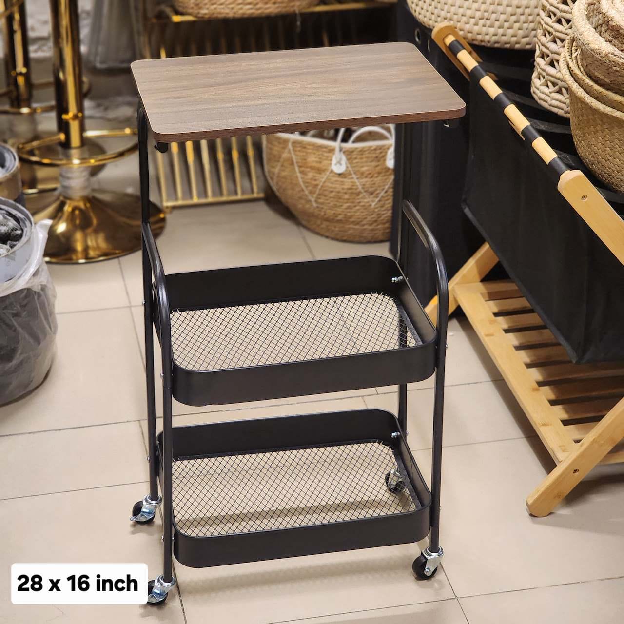 3-tier rolling utility cart with a wooden tabletop