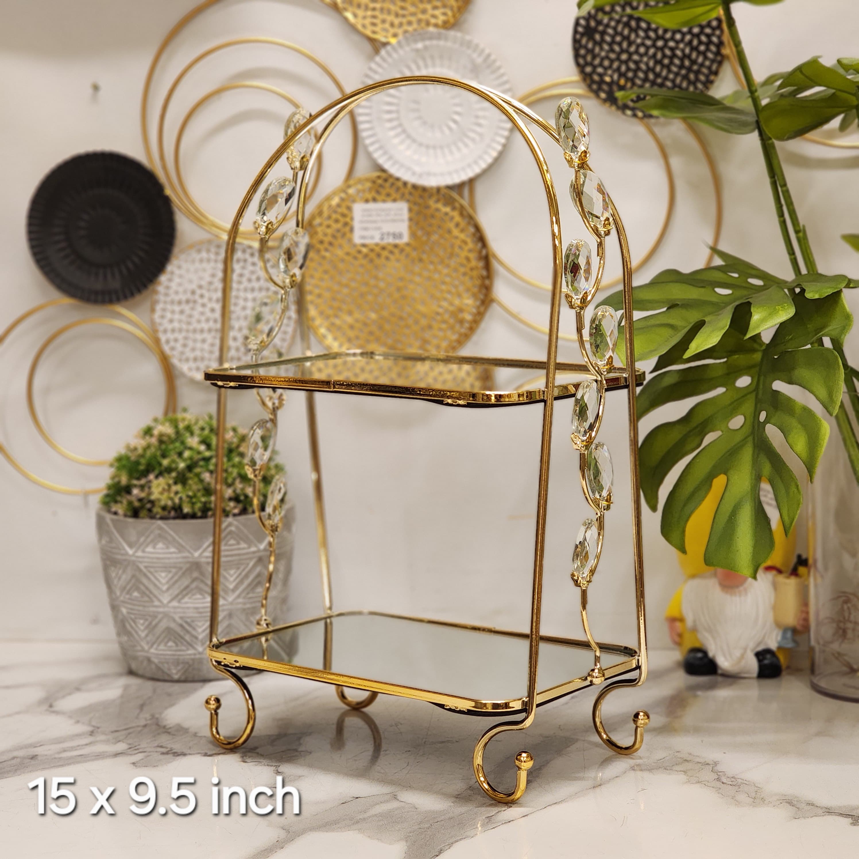 2-tier gold metal and crystal vanity organizer stand