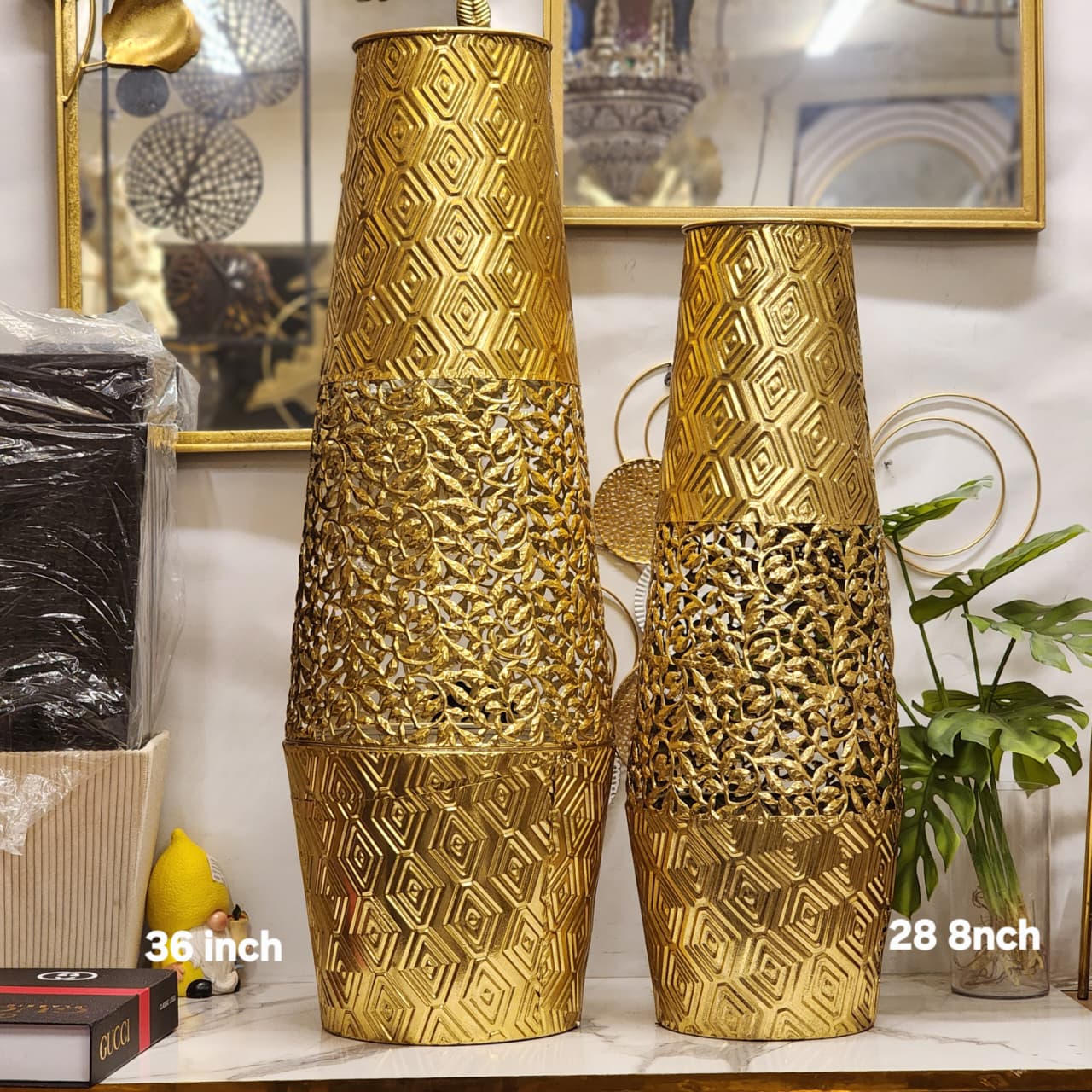 Tall Gold Geometric Cutout Metal Floor Vase Set