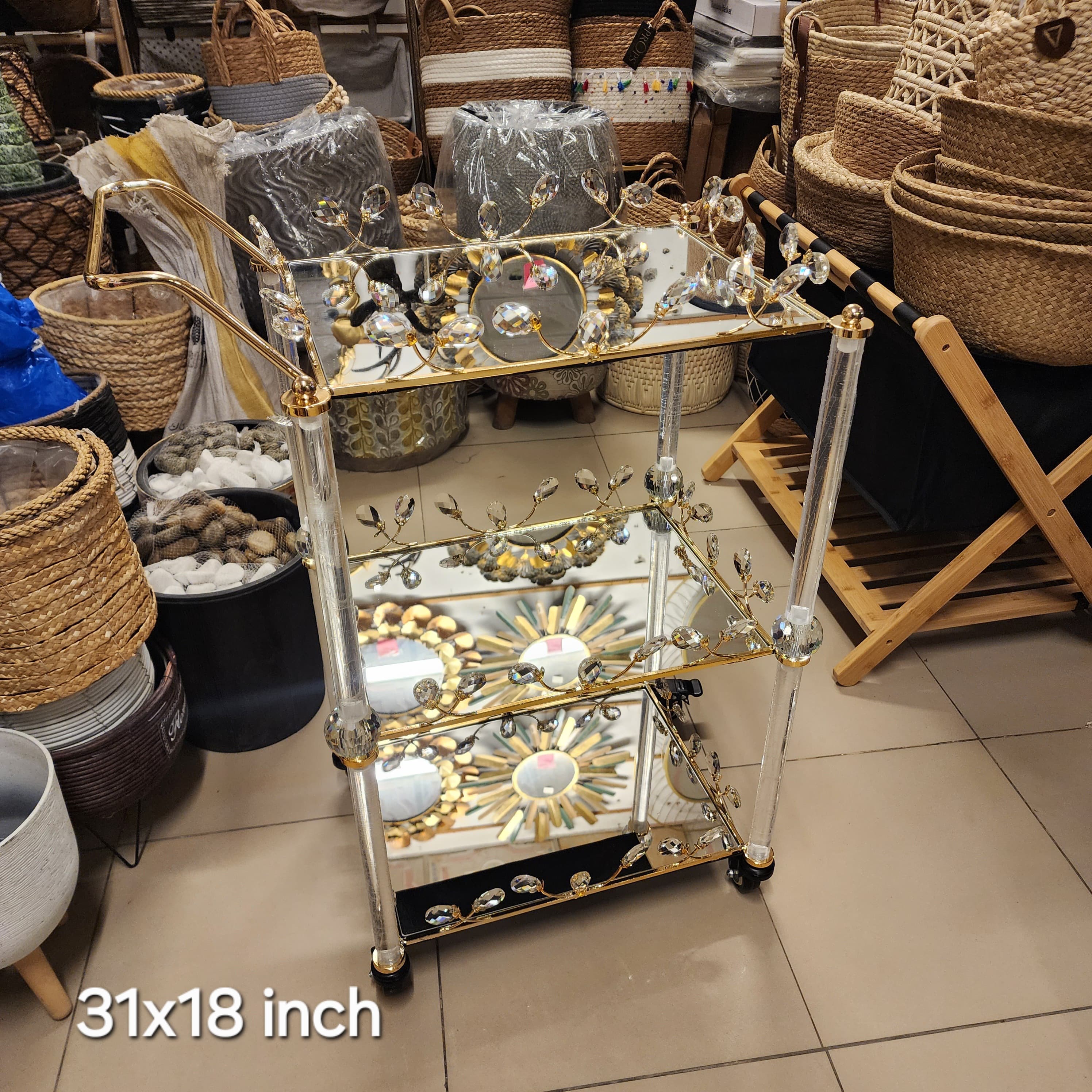 crystal-embellished mirrored bar cart