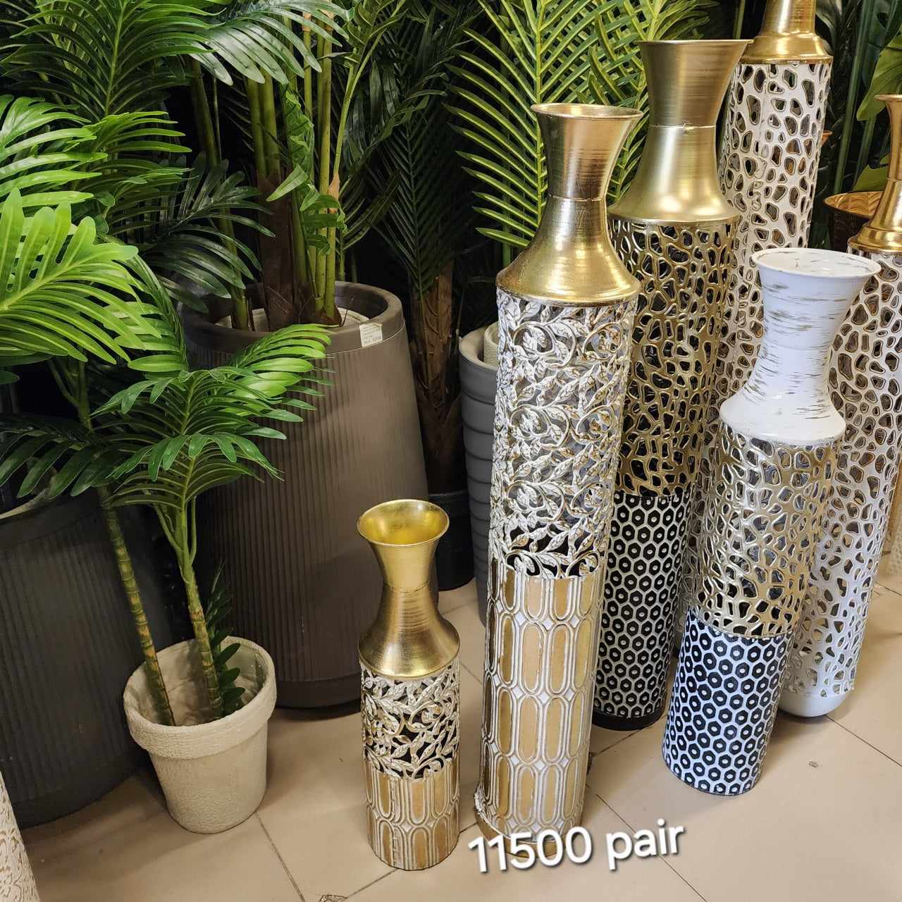 Gold and White Filigree Metal Floor Vases