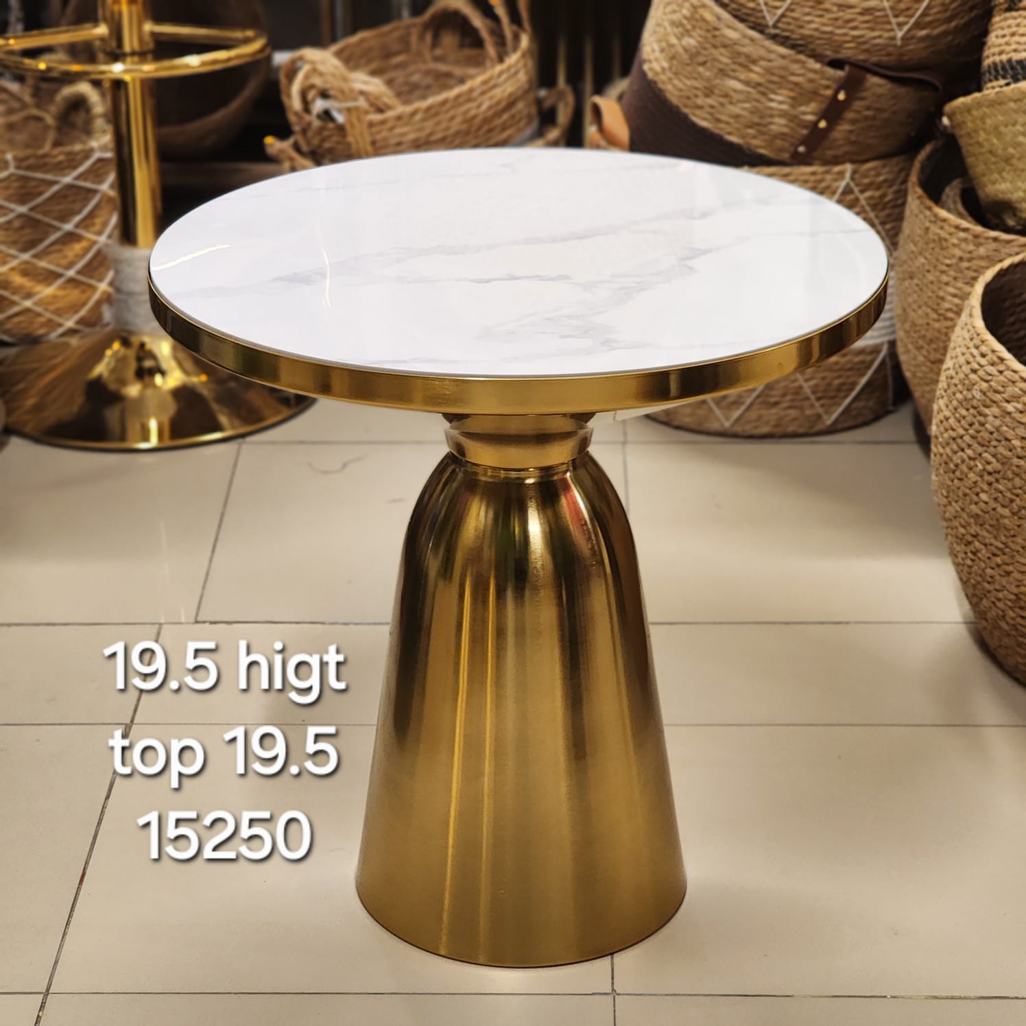 Round Faux Marble Side Table with a Gold Pedestal Base