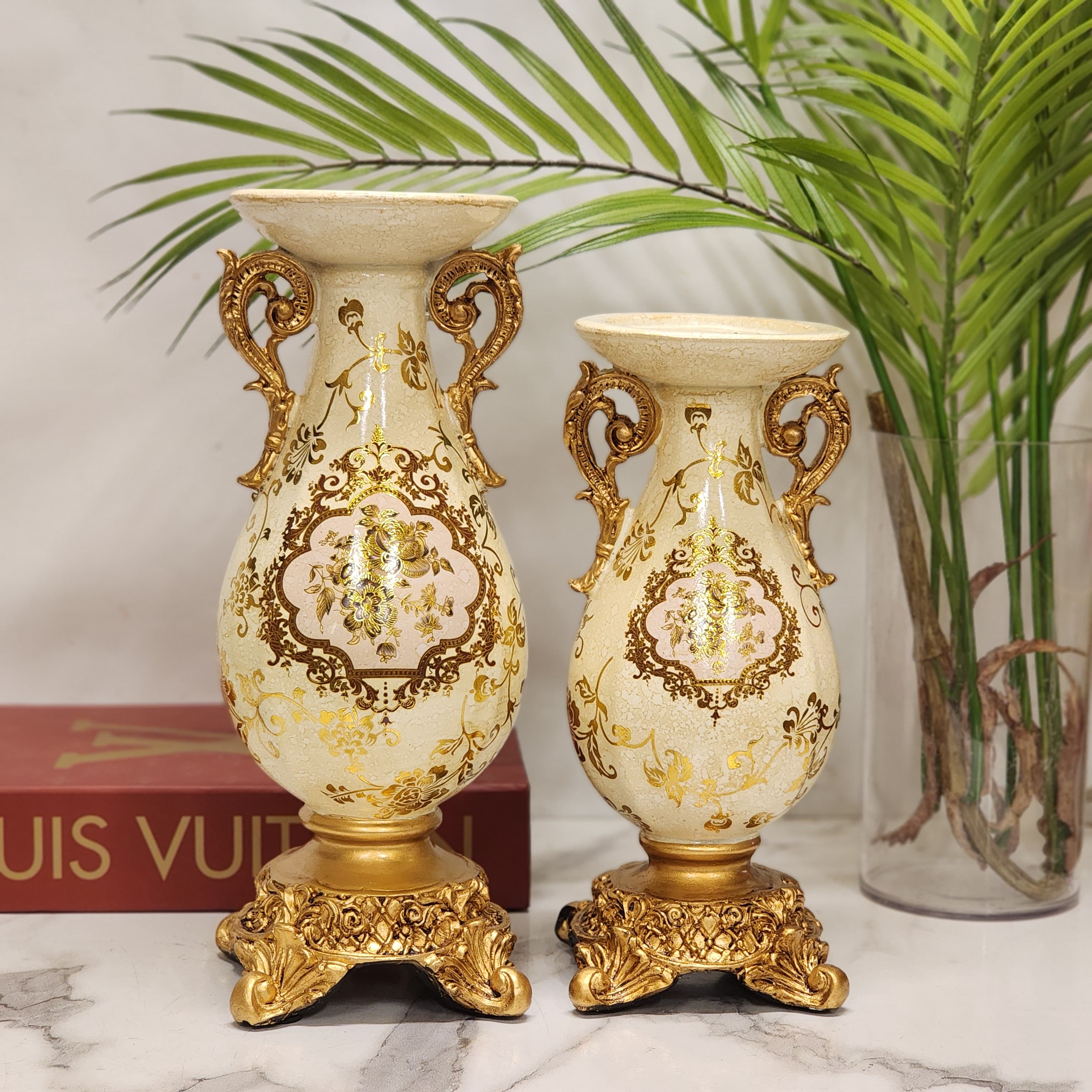ornate vintage-style ceramic/porcelain urn vases with crackle glaze and ornate scrolled handles