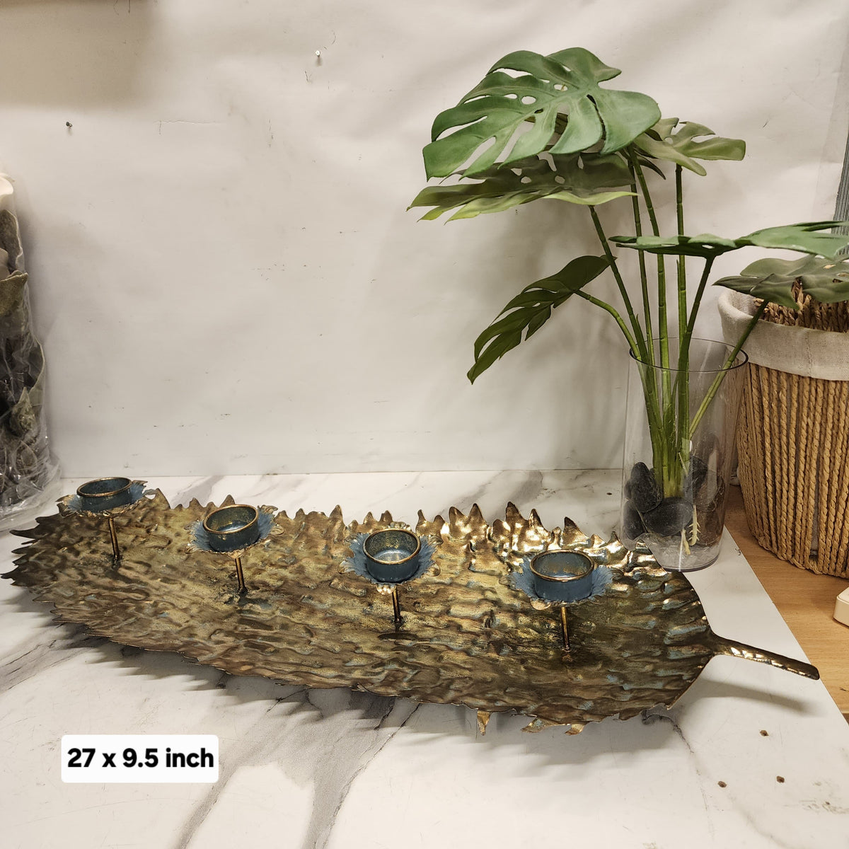 Metal Leaf Candle Holder Tray / Leaf Centerpiece Candelabra