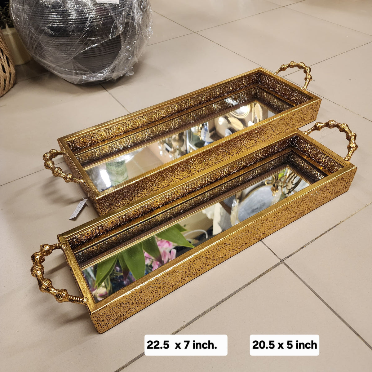 Gold Embossed Mirrored Long Tray Set