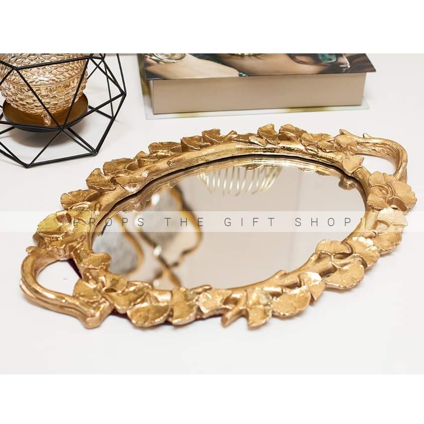 Ornate Gold Ginkgo Leaf Mirrored Tray