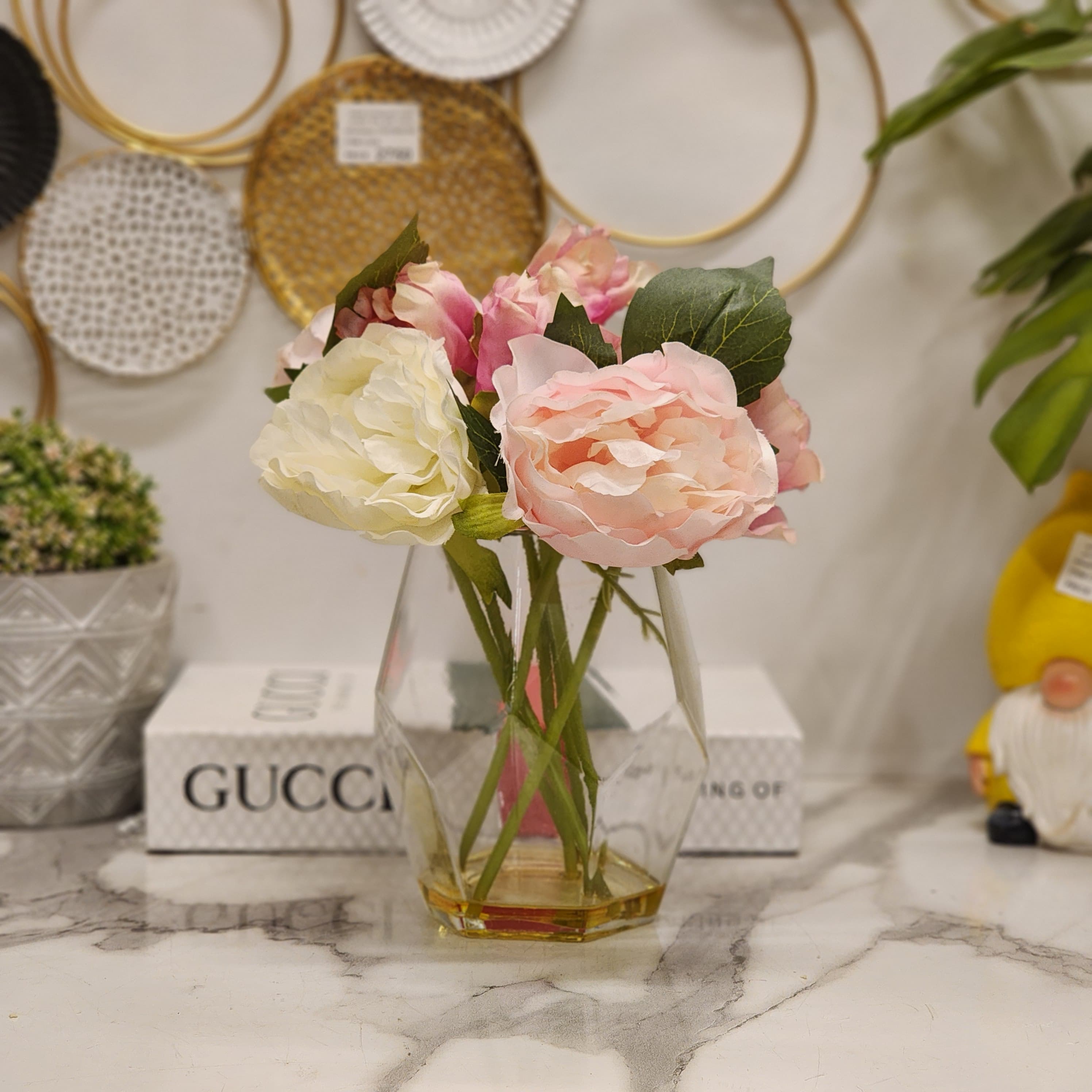 Geometric Glass Vase with Artificial Flowers