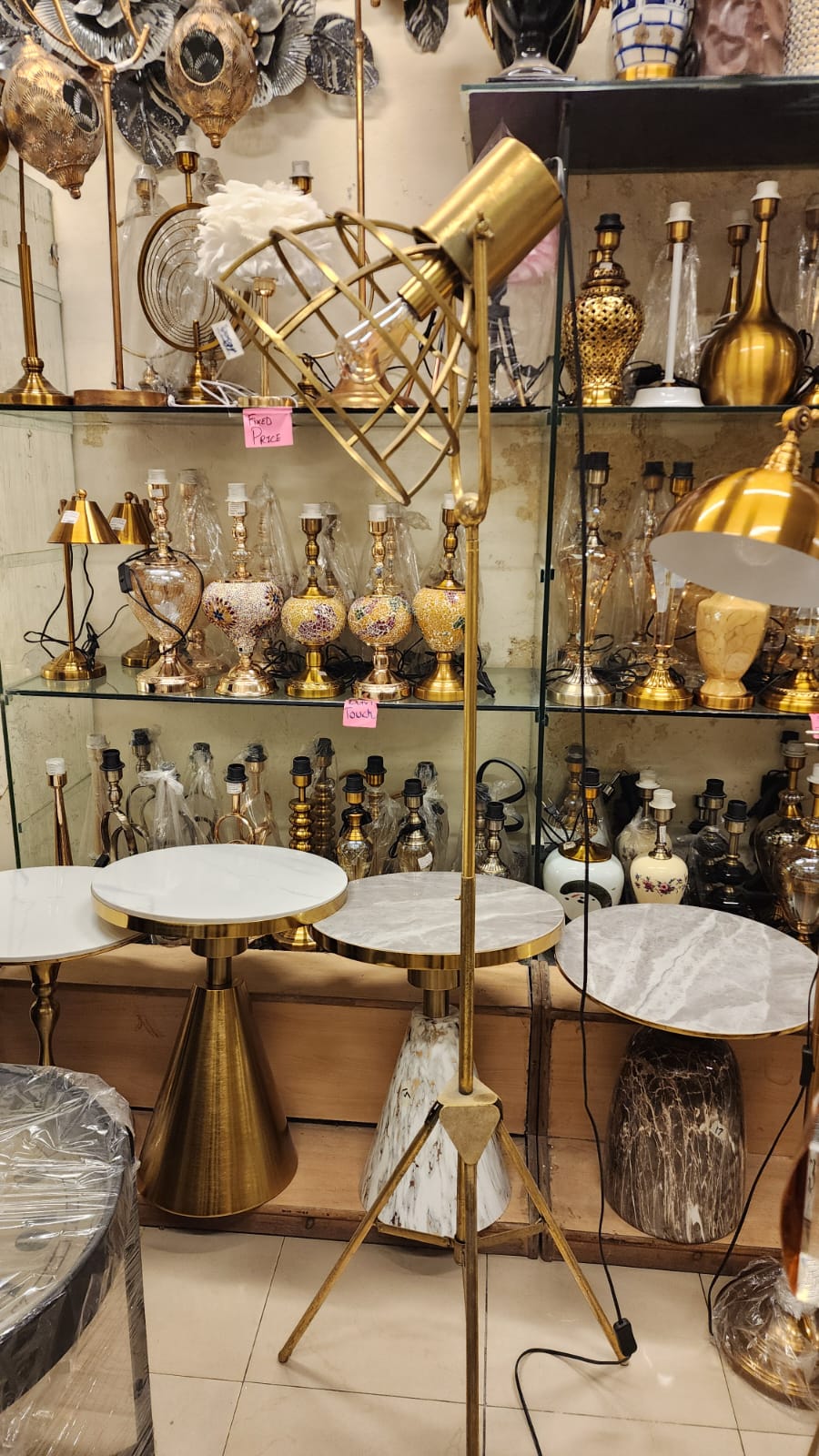 Gold Industrial Cage Tripod Floor Lamp