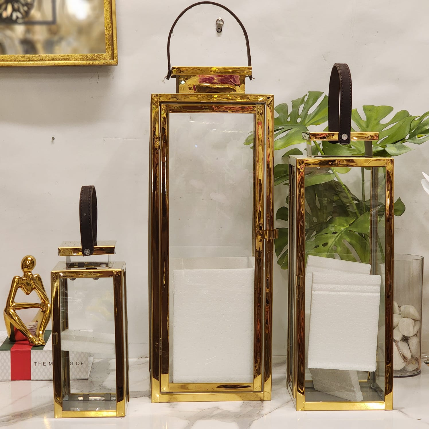 Modern Rectangular Glass Lanterns with Leather Handles