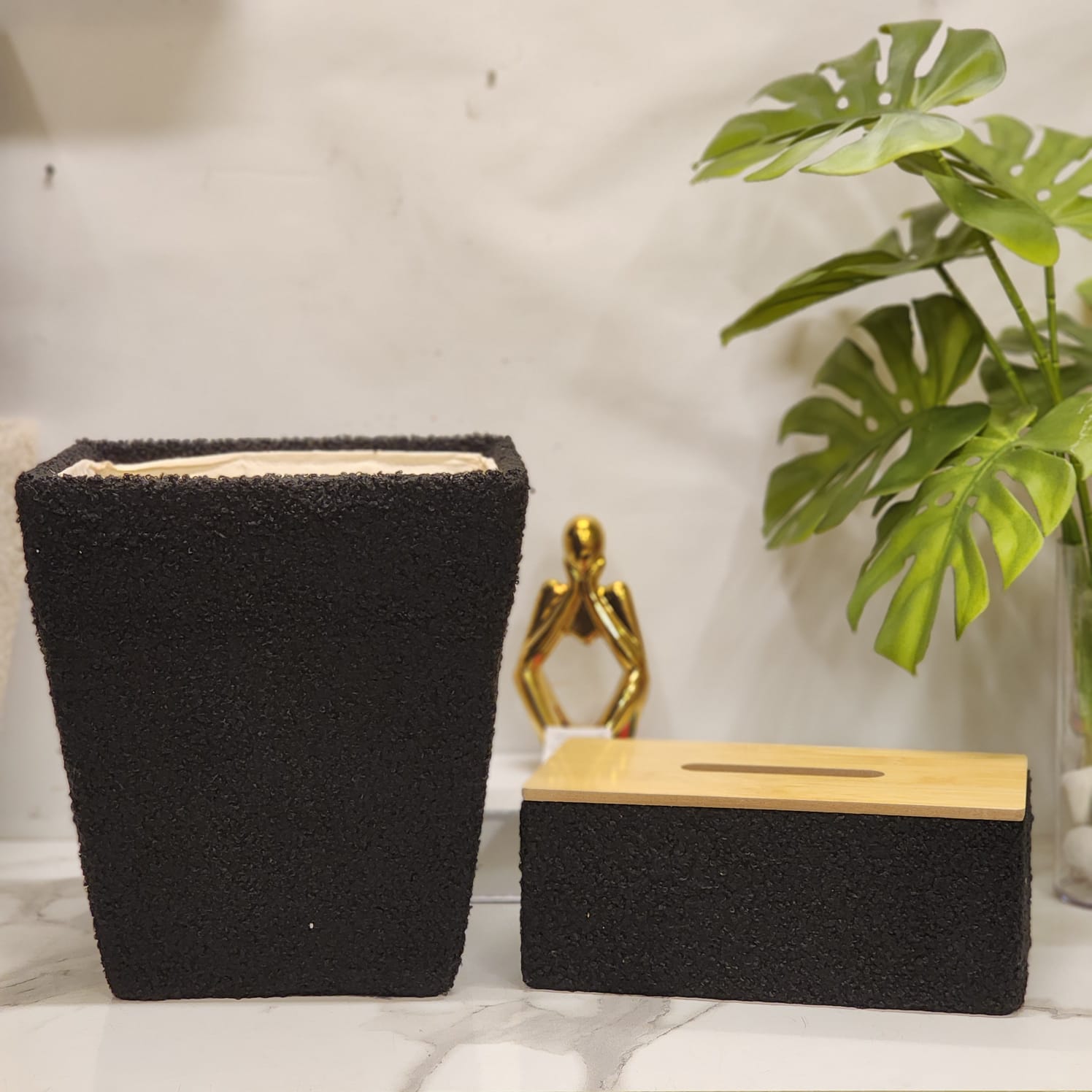 Textured Bouclé/Sherpa Dustbin and Tissue Box Set