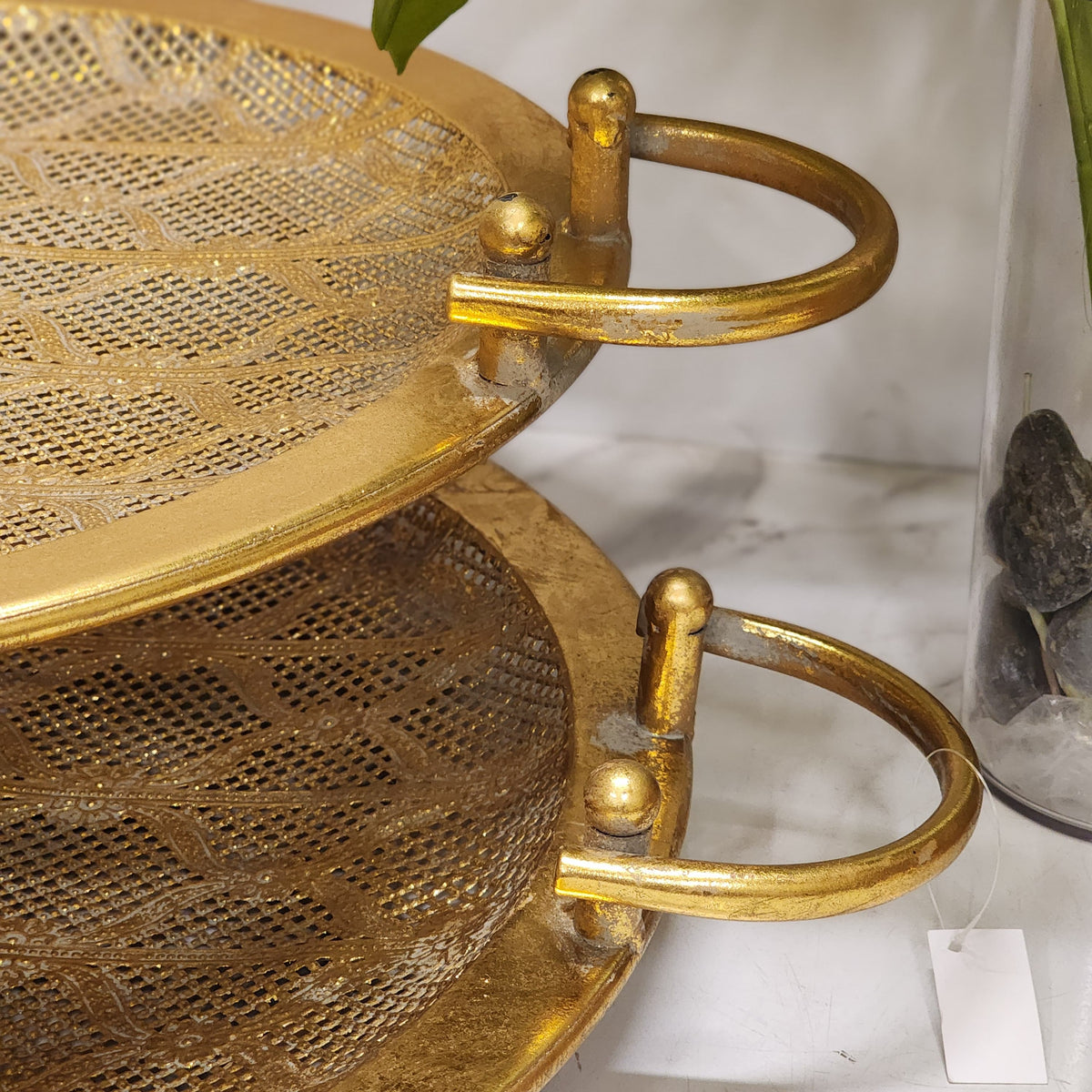 Gold Brass Mesh Decorative Oval Serving Trays with Handles