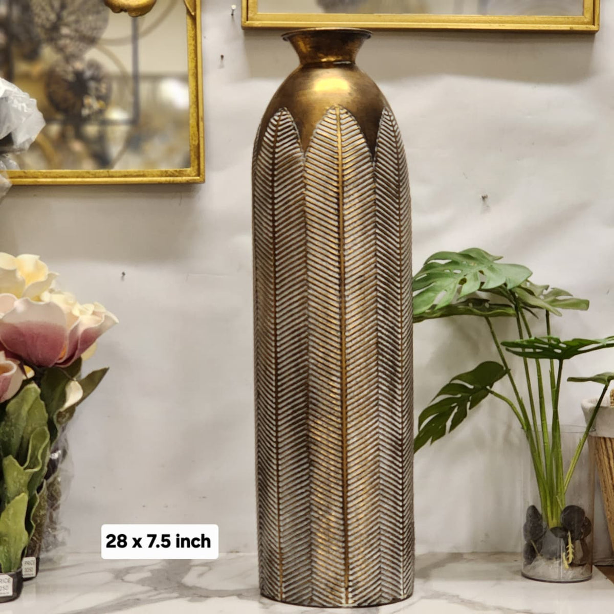 Embossed Feather Textured Antique Gold Metal Floor Vase