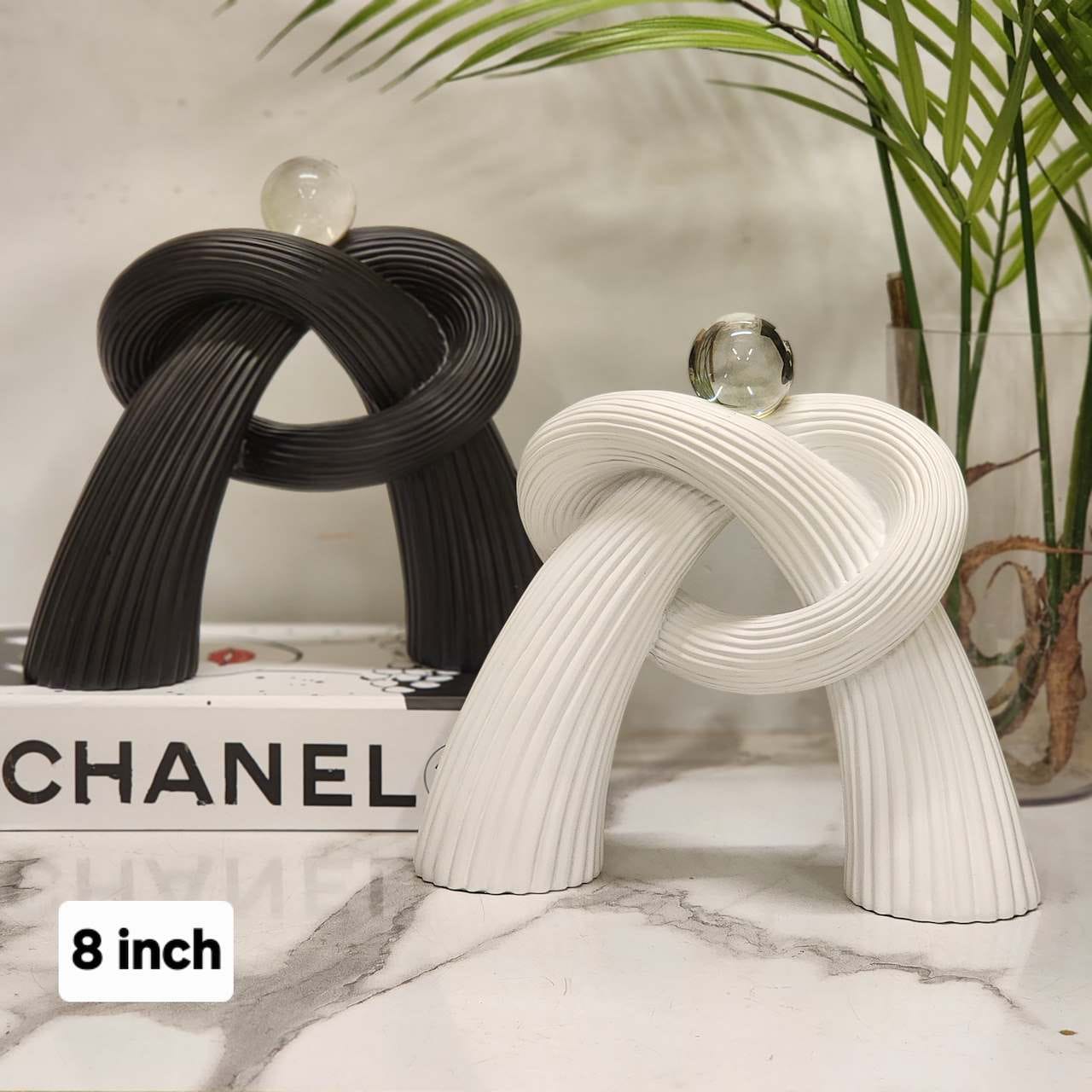 Nordic Ribbed Ceramic Knot Sculpture with Crystal/Glass Sphere