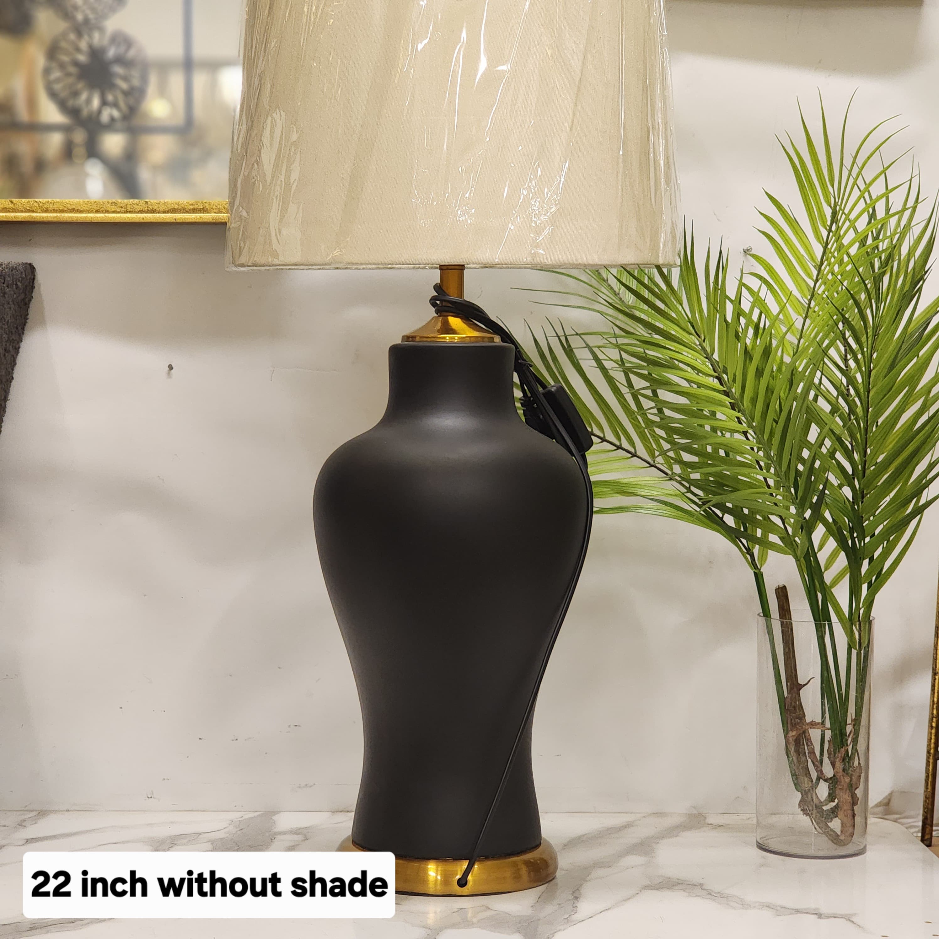 Matte Black Ceramic Urn Table Lamp with Brass Accents