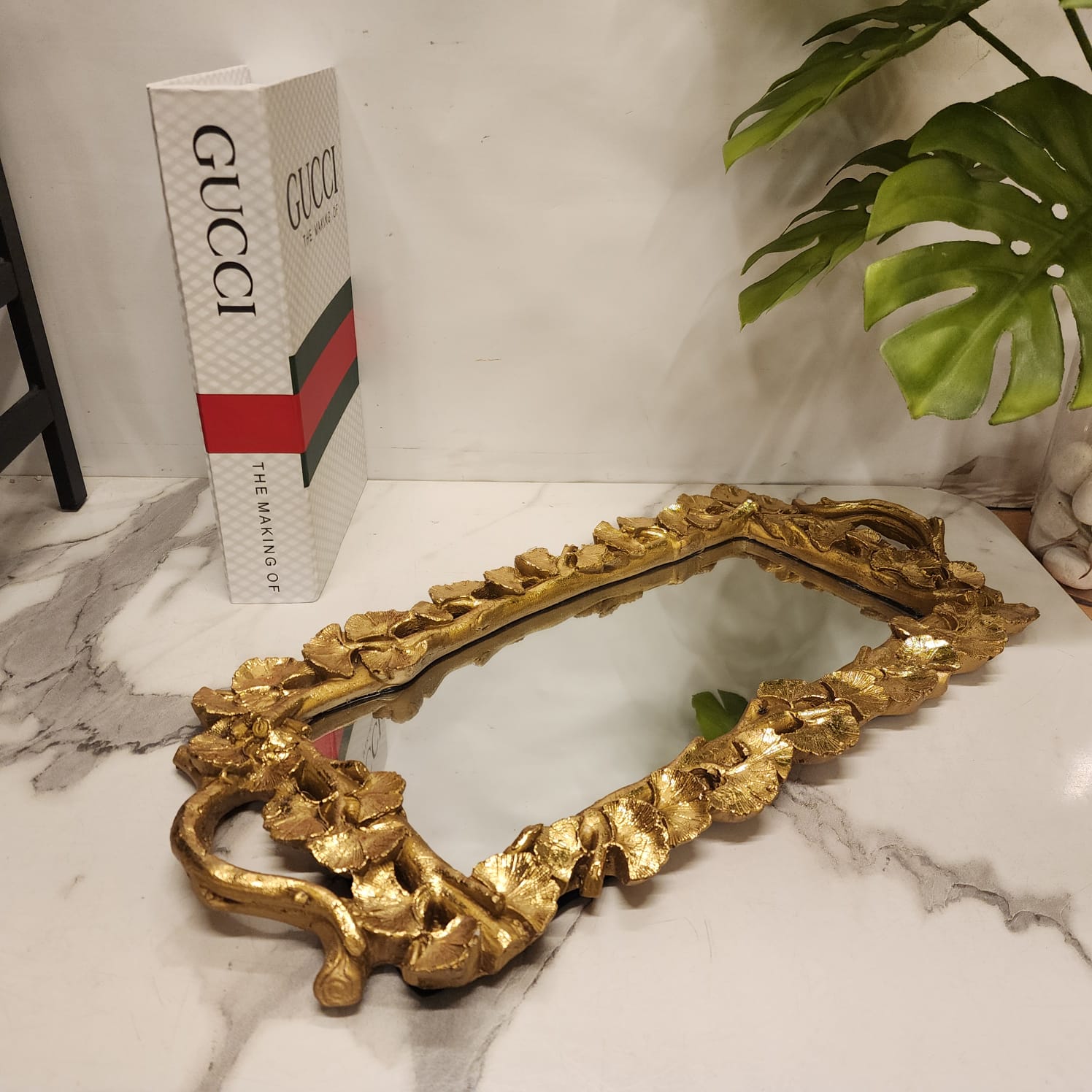 Ornate Gold Ginkgo Leaf Mirror Tray