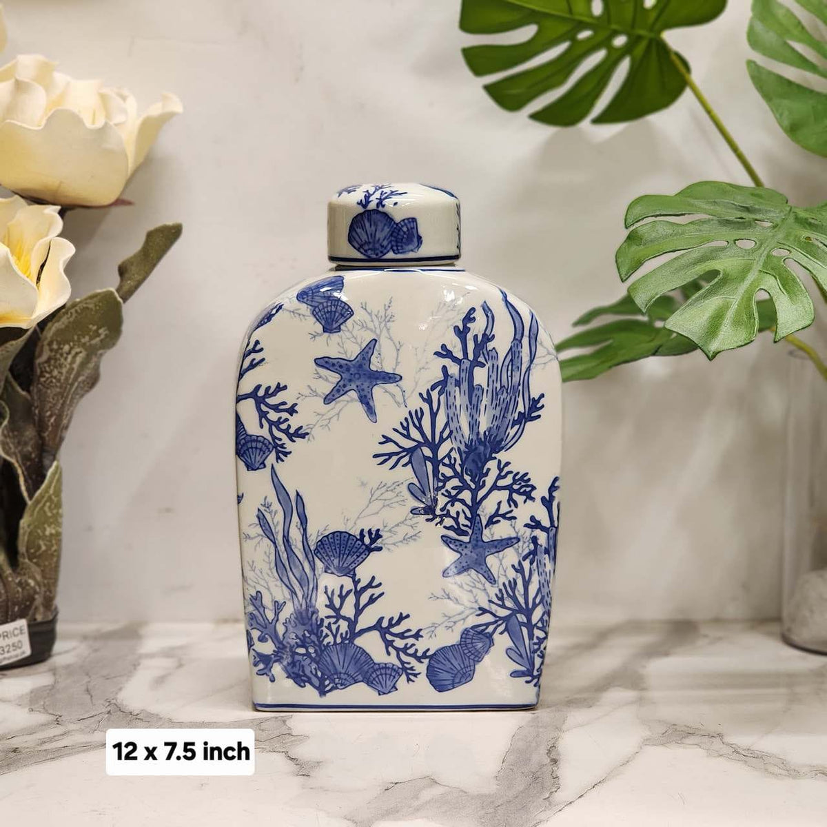 Blue and White Coastal Coastal/Ocean Motif Ceramic Ginger Jar