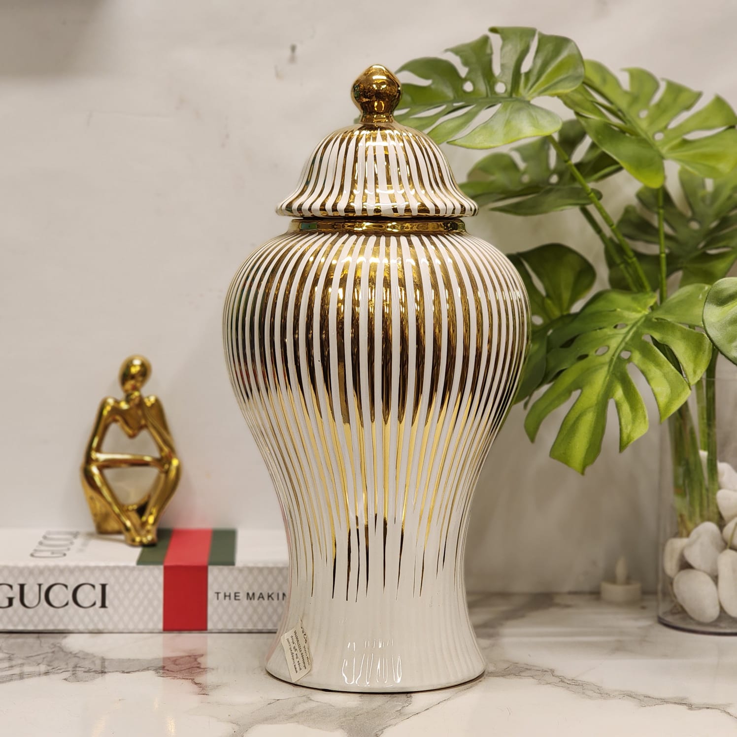 Ribbed Gold and White Ginger Jar