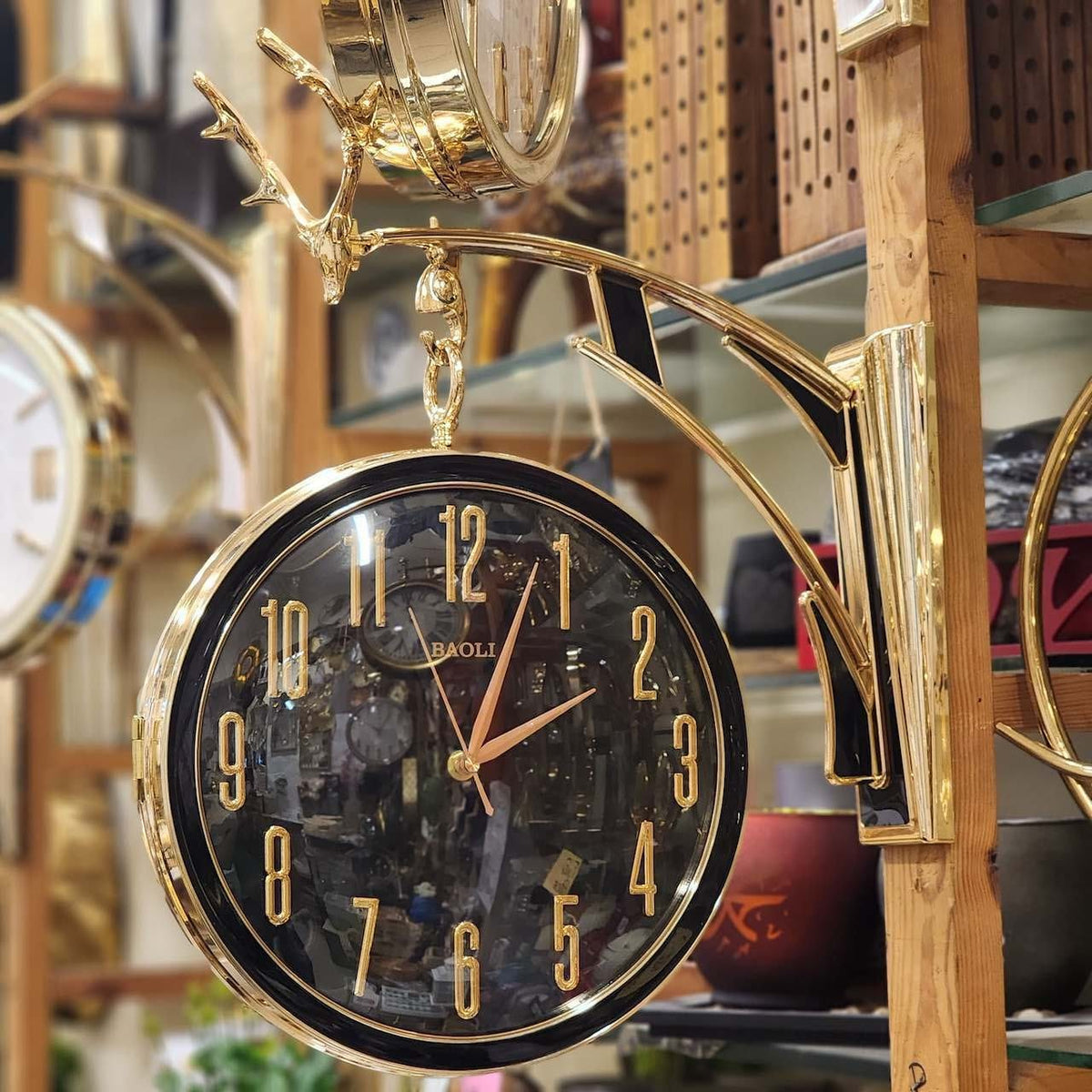 Golden Dear Horn Double-Sided Station Wall Clock – Vintage Hanging Dual-Face Clock