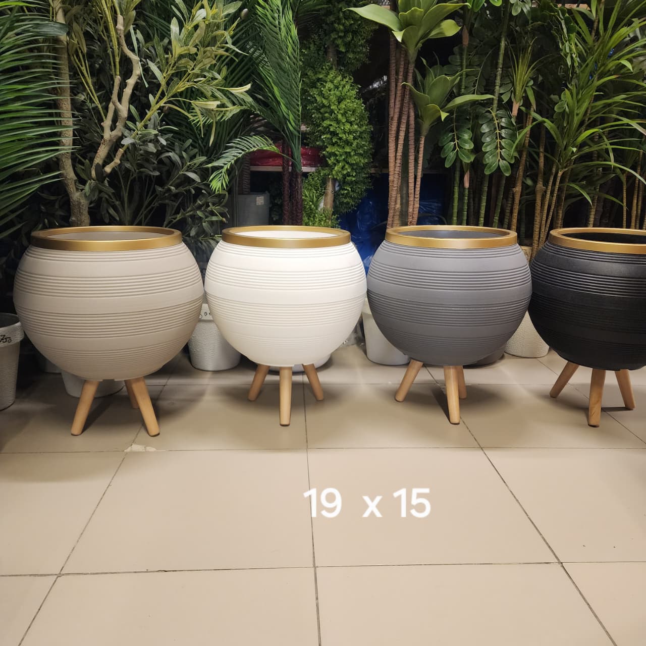 Ribbed Gold-Rimmed Planter with Wooden Legs