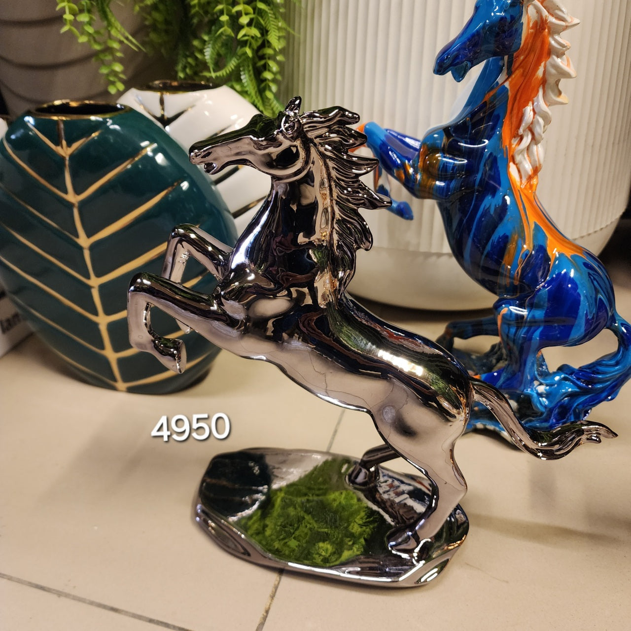Silver Chrome Rearing Horse Statue