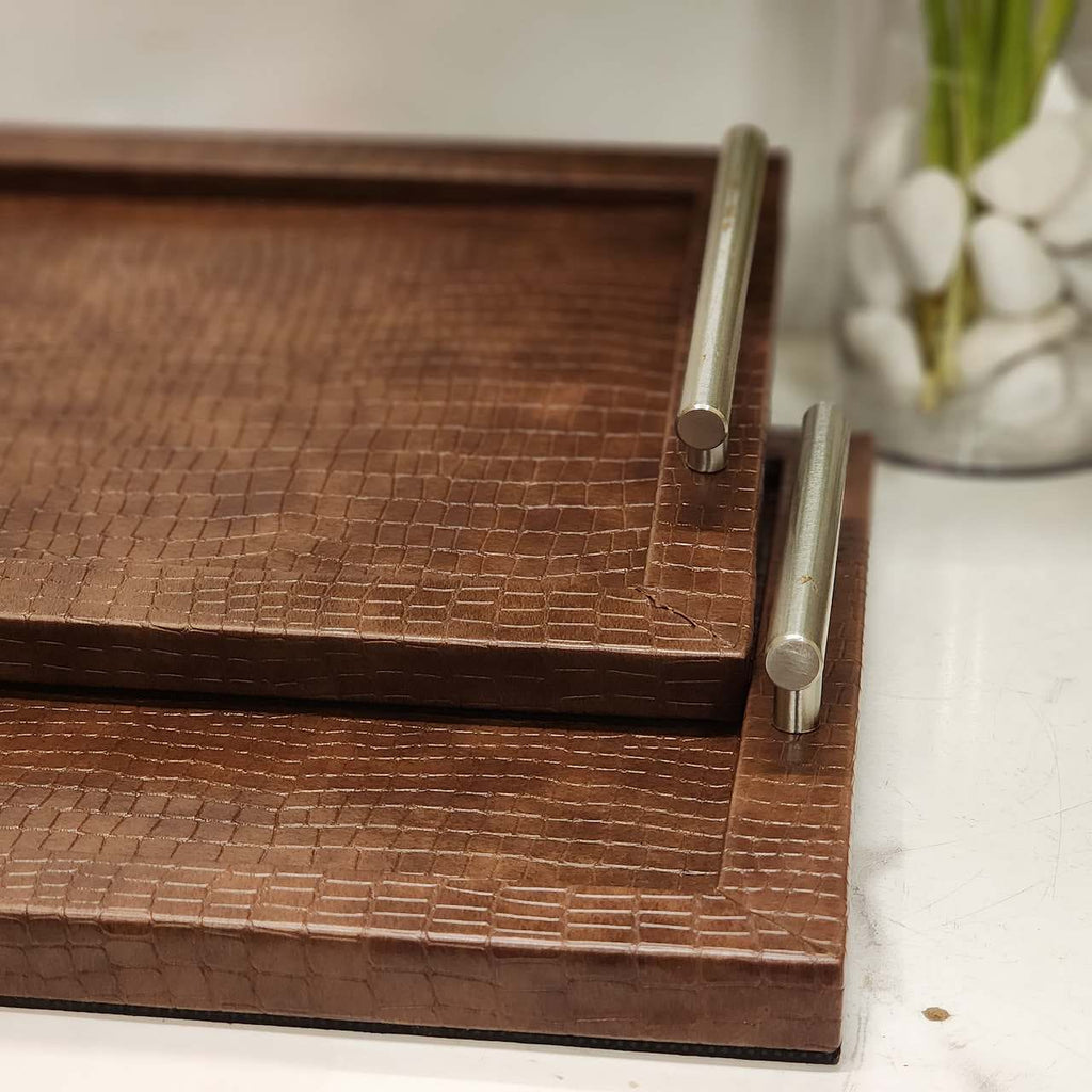 Wooden Serving Tray with Metal Handles