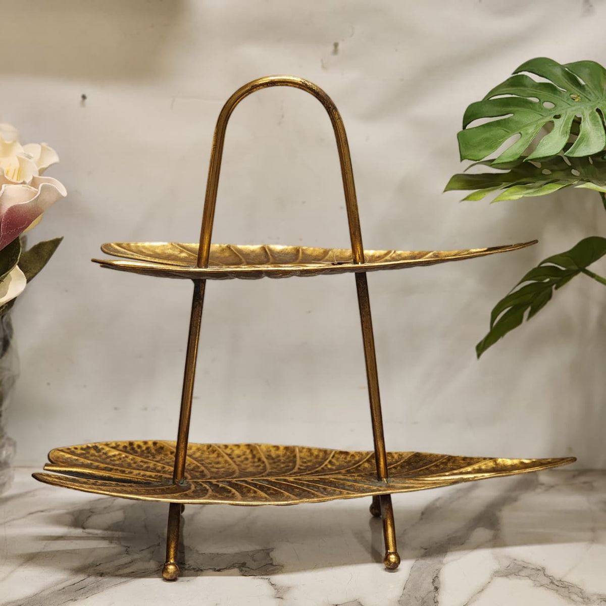 2-Tier Gold Leaf Serving Tray Stand