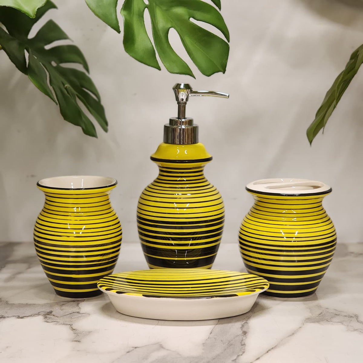 yellow and black striped ceramic bathroom accessory set