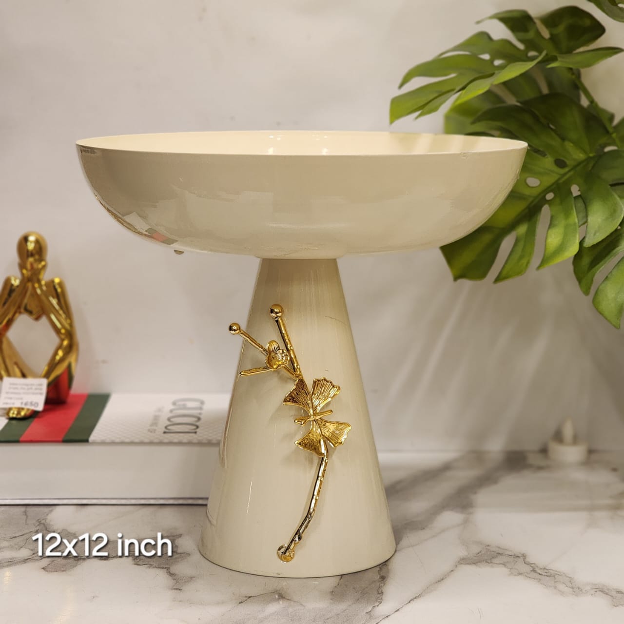 Modern Cream Pedestal Decorative Bowl with Gold Ginkgo Leaf Accent
