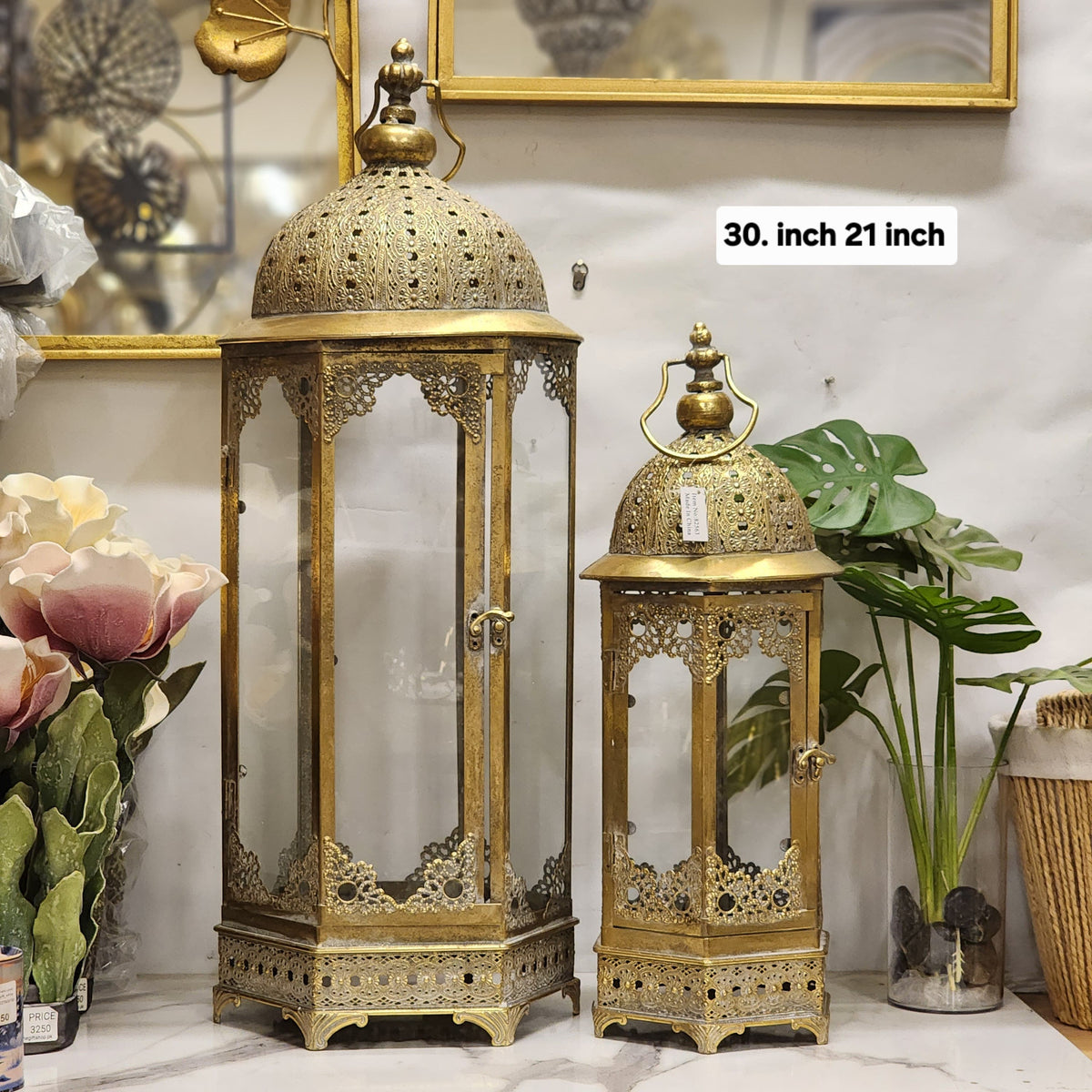 Antique Brass Moroccan / Ottoman Metal Glass Lanterns