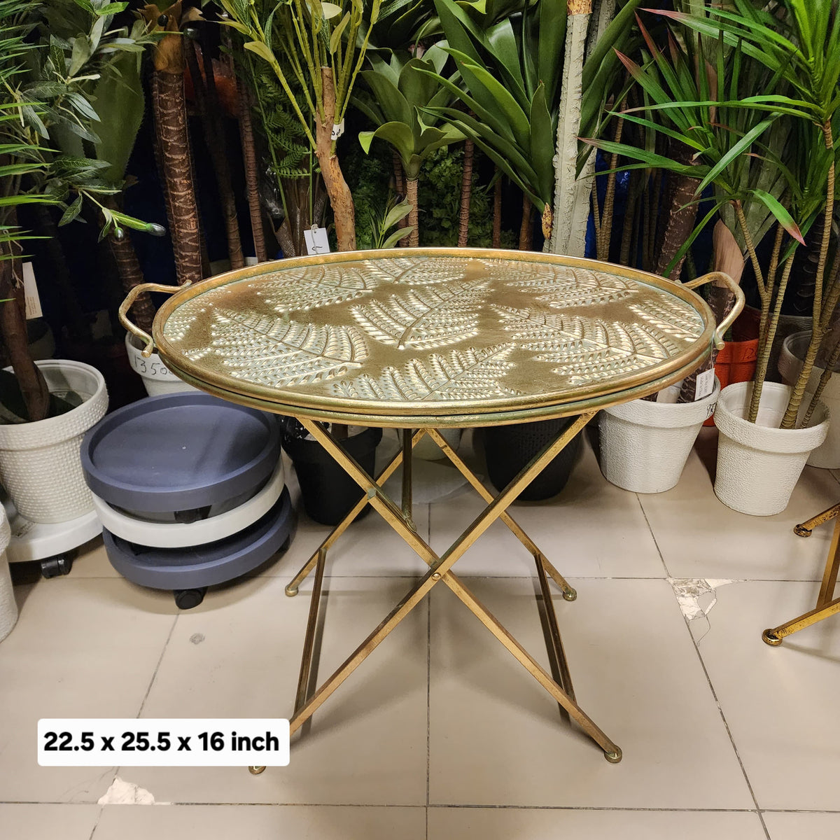 embossed leaf pattern brass tray table