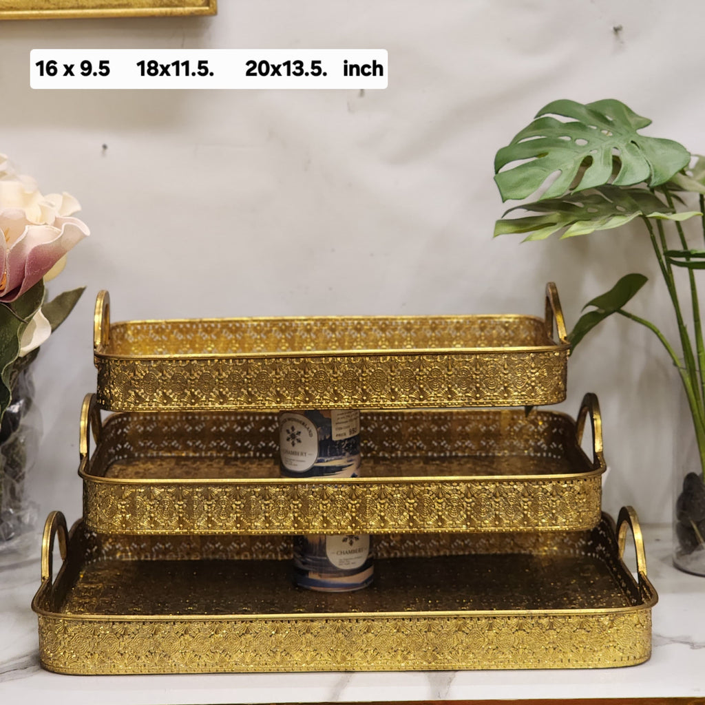 Gold Embossed Decorative Metal Trays with Side Handles
