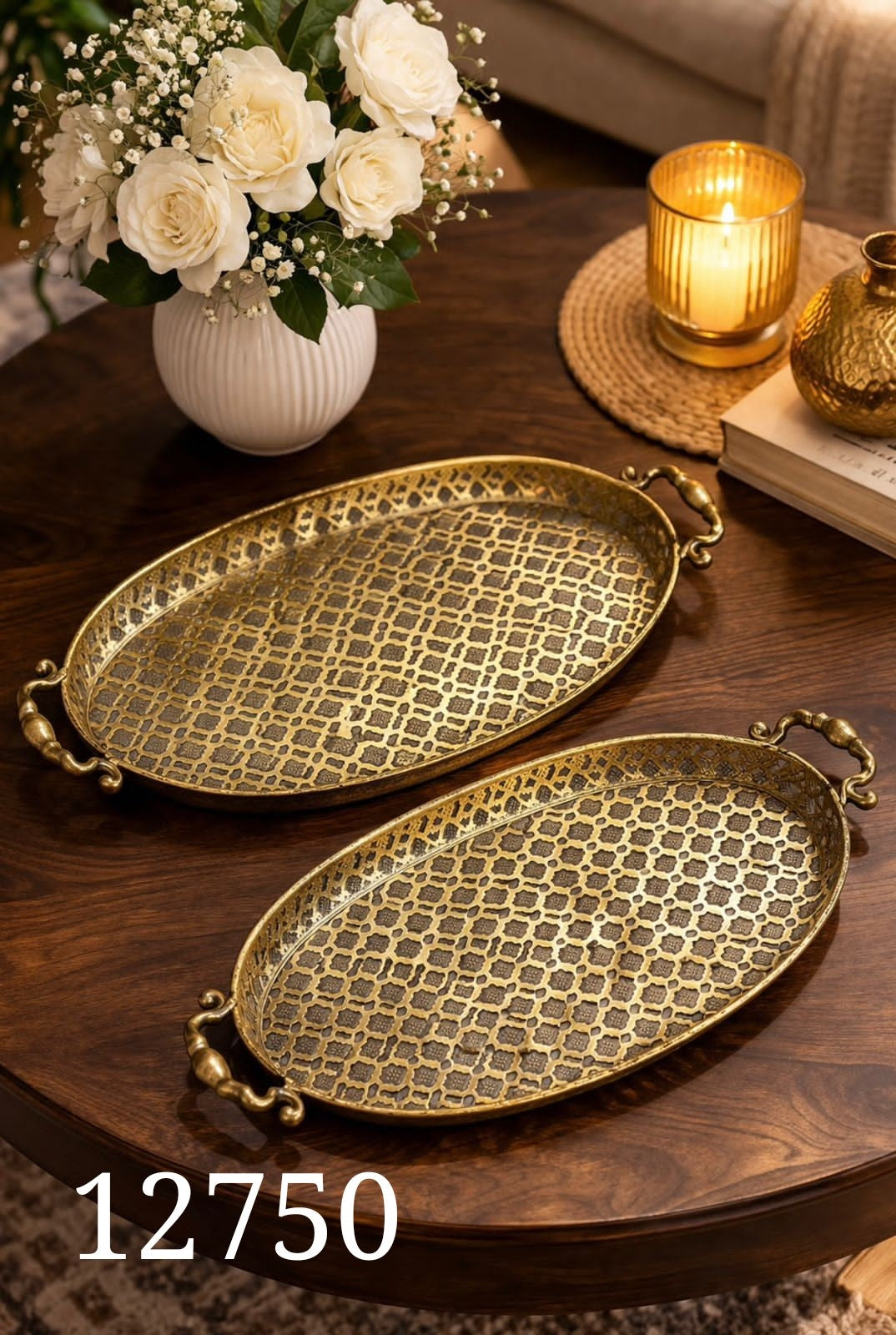 Antique Brass Oval Filigree Trays