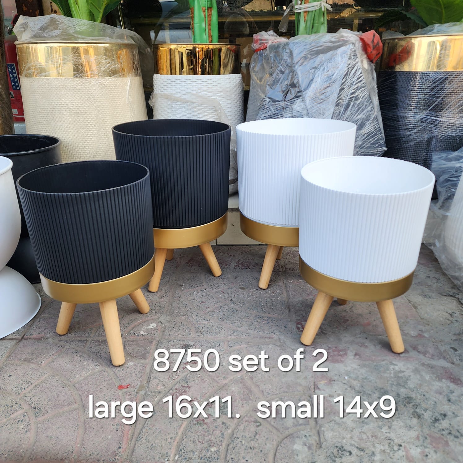 Ribbed Gold-Rimmed Planter with Wooden Legs
