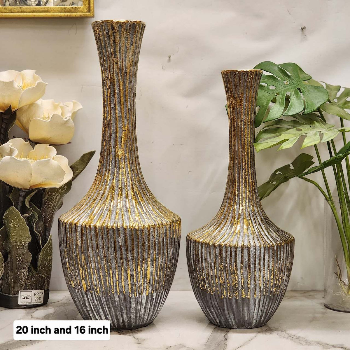Textured Gold and Grey Long-Neck Bottle / Floor Vase Set Ceramic