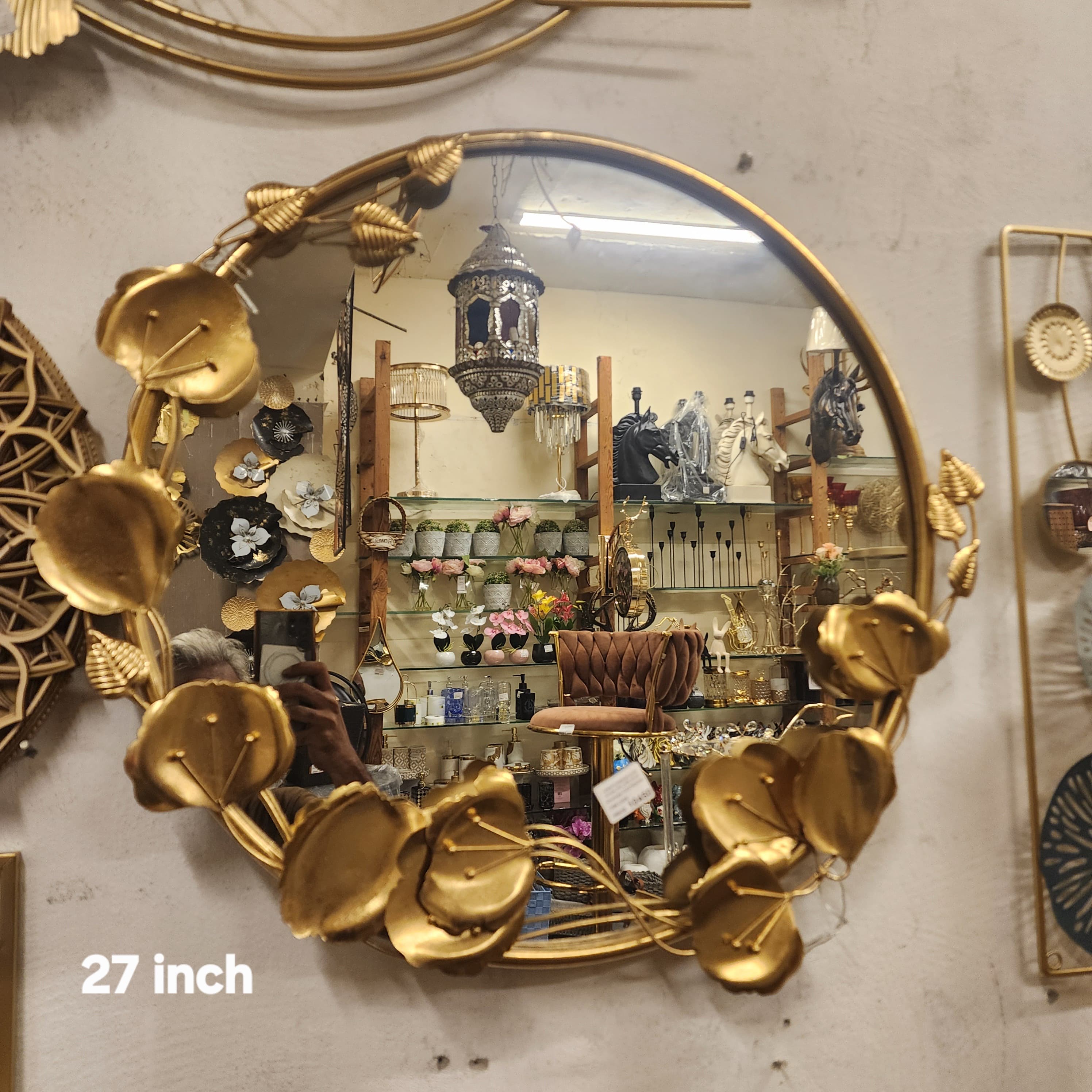 Gold Floral Leaf Metal Round Wall Mirror